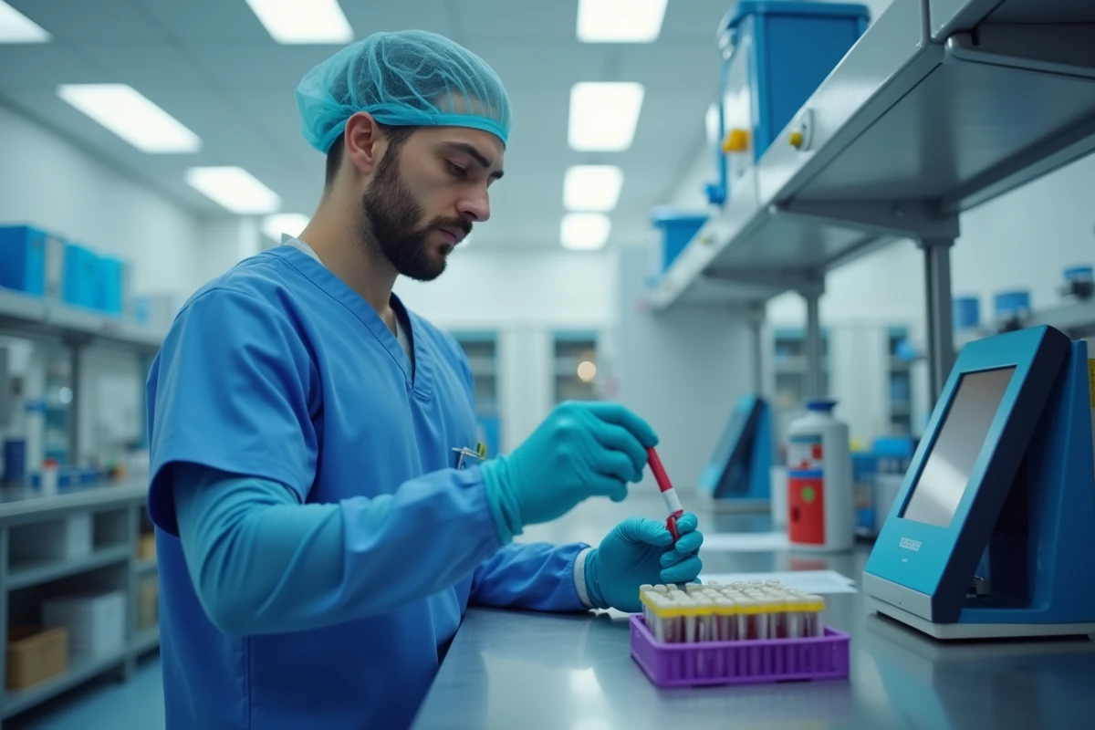 Technicien de laboratoire analysant un échantillon sanguin pour mesurer le taux d'antigène CA 19-9