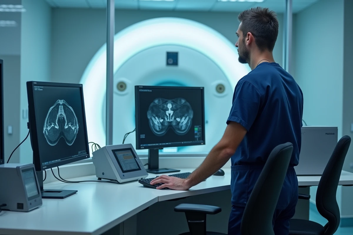 Technicien radiologue surveillant un examen IRM depuis la salle de contrôle avec écrans de diagnostic