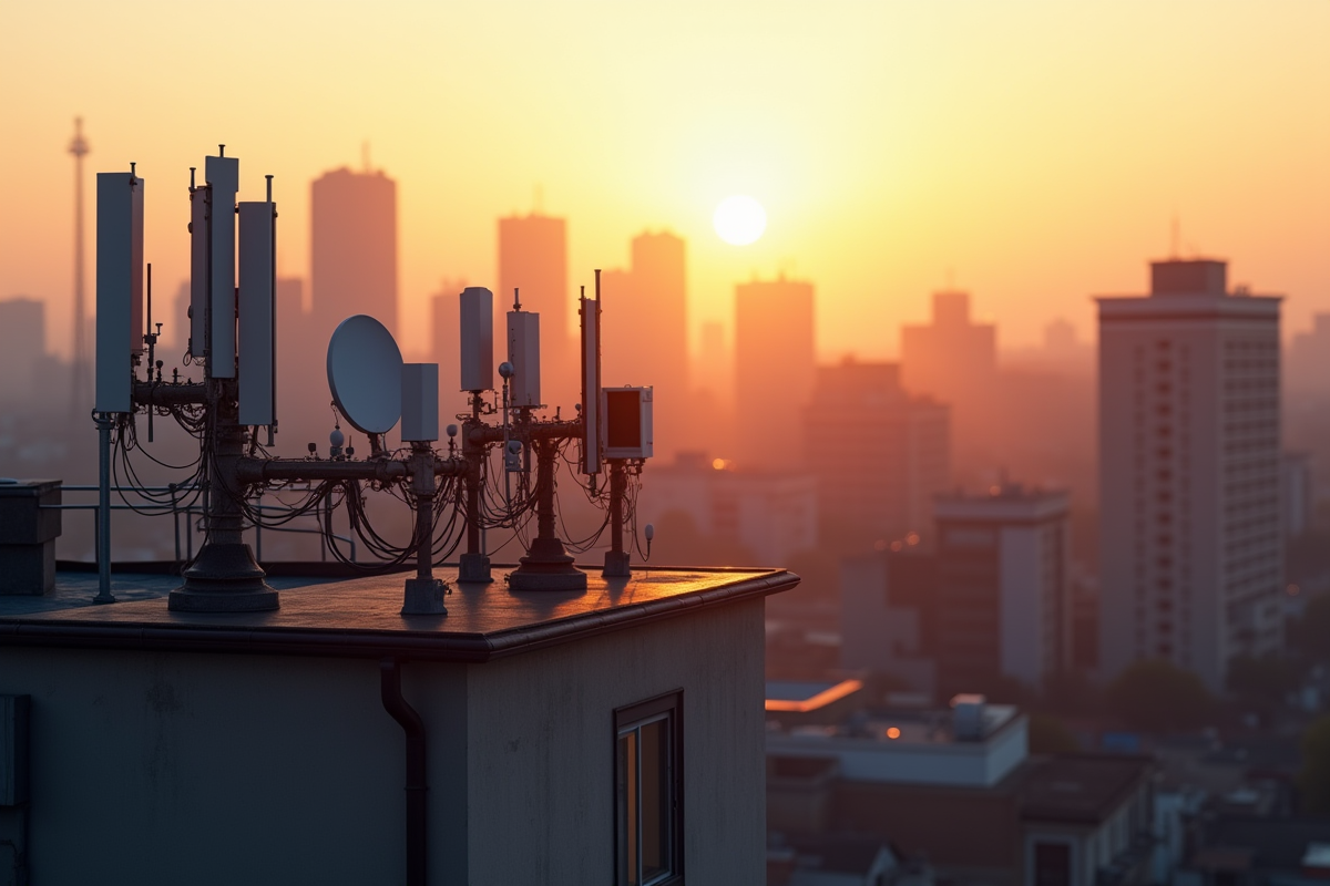 Toits urbains avec antennes au lever du soleil