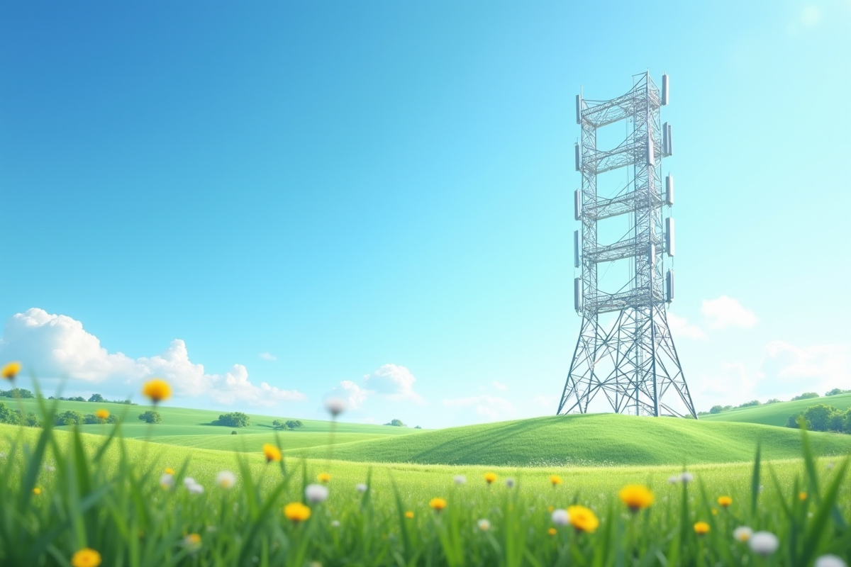 Grande tour de télécommunications en campagne ensoleillée