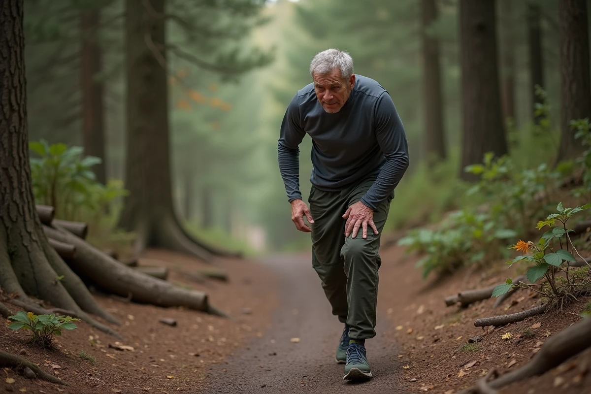 Homme en trail running s'arrêtant sur un sentier forestier en raison d'une douleur au genou patte d'oie