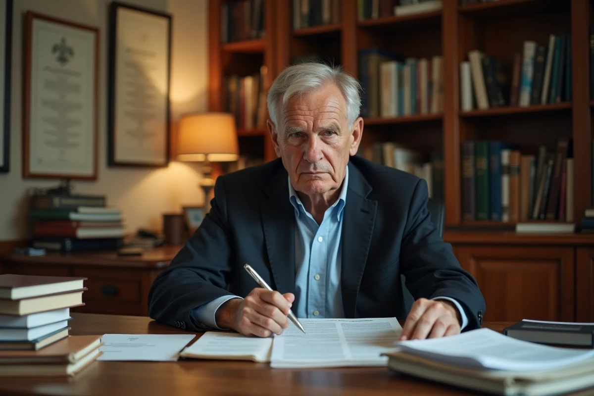 Homme d'âge mûr en blazer sombre consulte des documents dans un bureau universitaire rempli de livres, illustrant la vérification d'informations sur la santé d'une personnalité publique