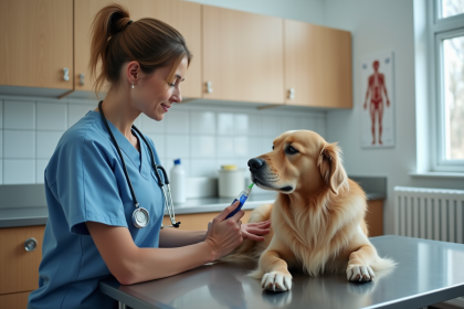 V&eacute;t&eacute;rinaire r&eacute;confortant un chien &acirc;g&eacute; dans la clinique