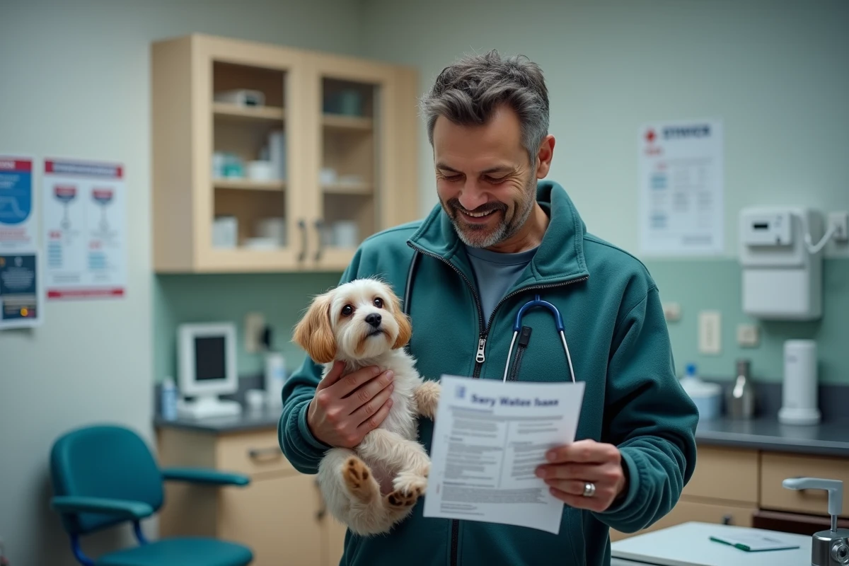 Vétérinaire tenant un petit chien dans une salle de consultation