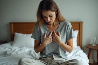 Femme anxieuse ressentant des vibrations dans le corps, assise sur son lit les mains sur la poitrine