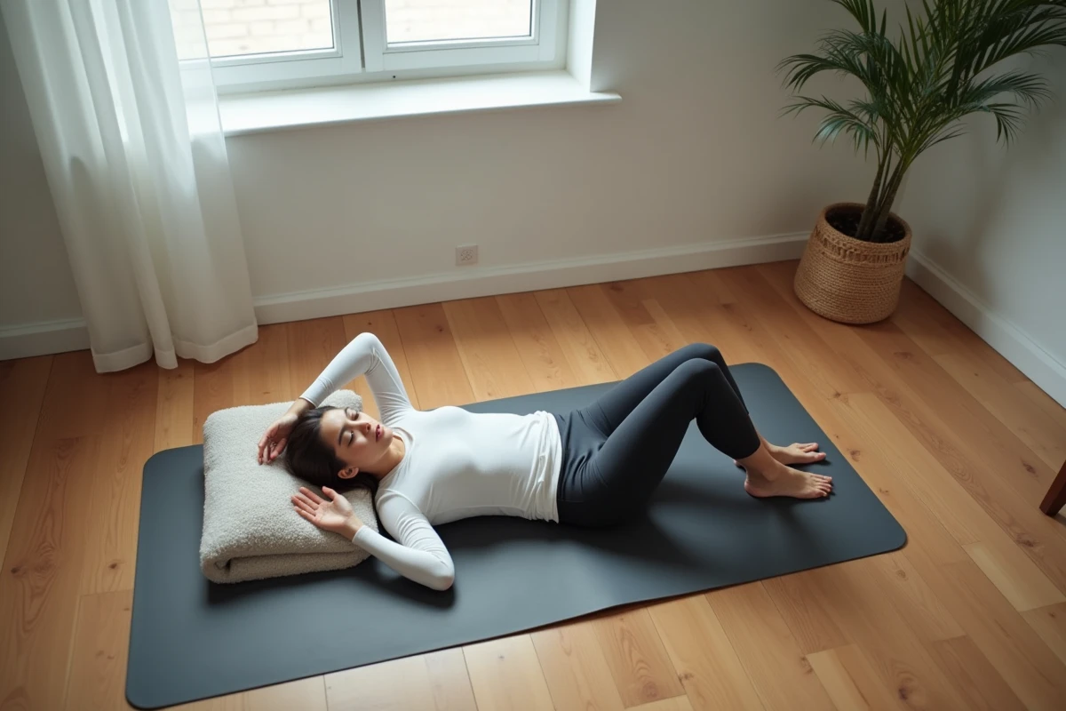 Jeune femme allongée sur un tapis de yoga chez elle, épuisée par l'anxiété et les vibrations internes